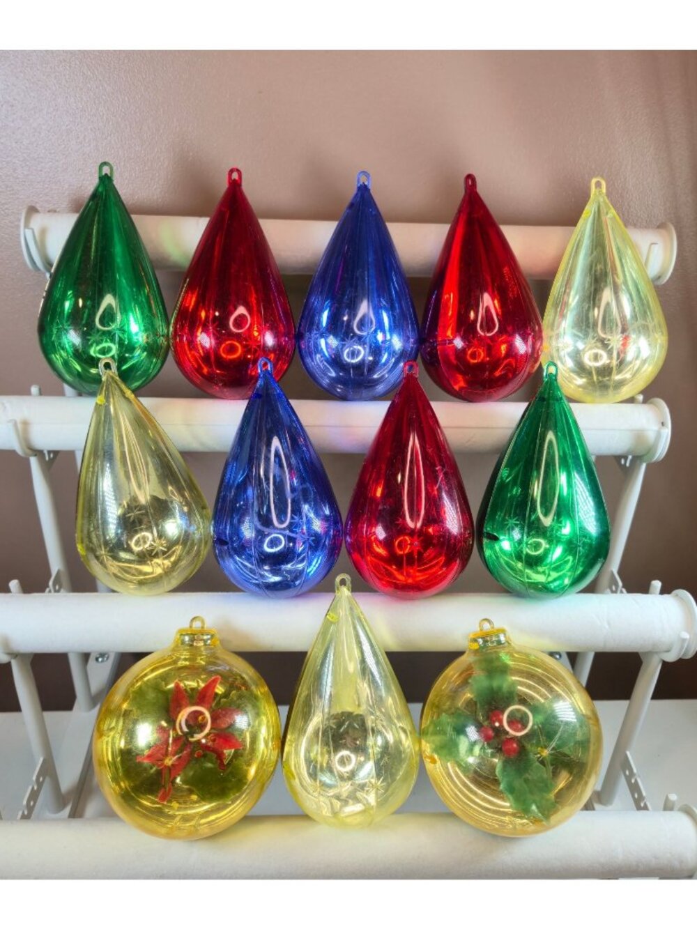 Vintage Jewel Brite Ornaments Plastic Diorama Teardrop ball lot 12pcs MCM Atomic